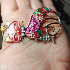 Cute Cloisonne Style Colourful Cat with Fish Charm Necklace